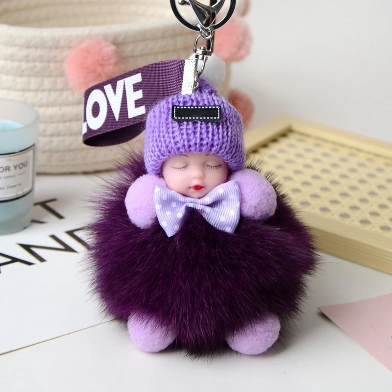 Real Fox Fur Pompom Sleeping Baby Keychain Fluffy Plush Doll