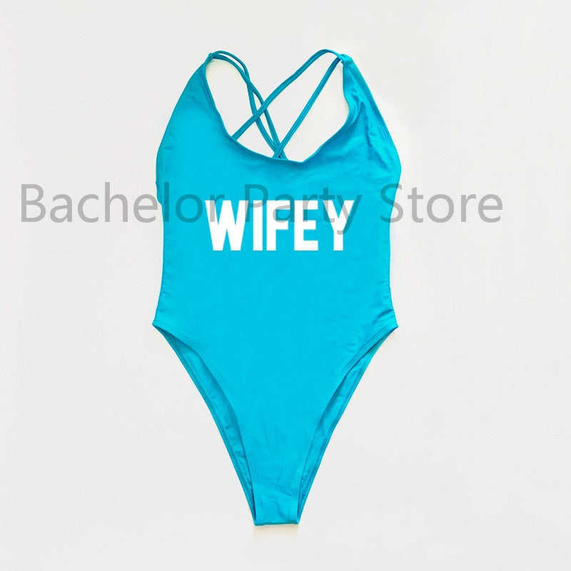 WIFEY Letter Print One Piece Swimsuit Swimwear Women Cross Back Bathing Suit Beachwear-bikini-Top Super Deals-BUWH-S-Free Item Online