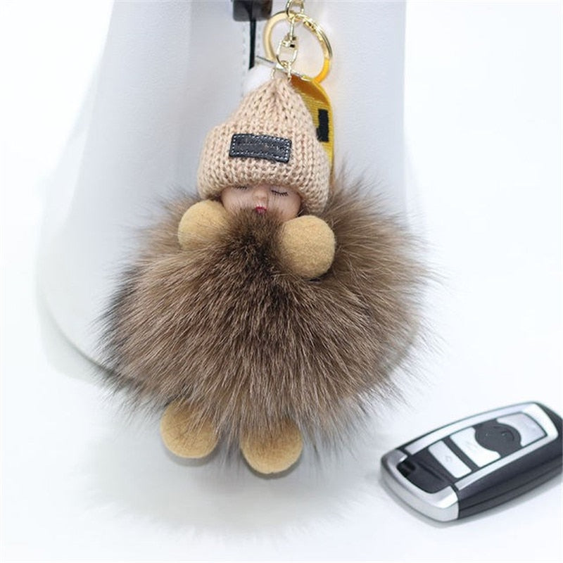 Real Fox Fur Pompom Sleeping Baby Keychain Fluffy Plush Doll