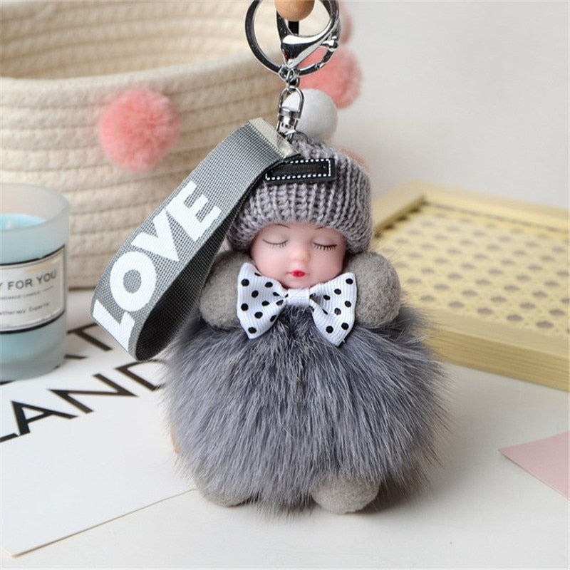 Real Fox Fur Pompom Sleeping Baby Keychain Fluffy Plush Doll