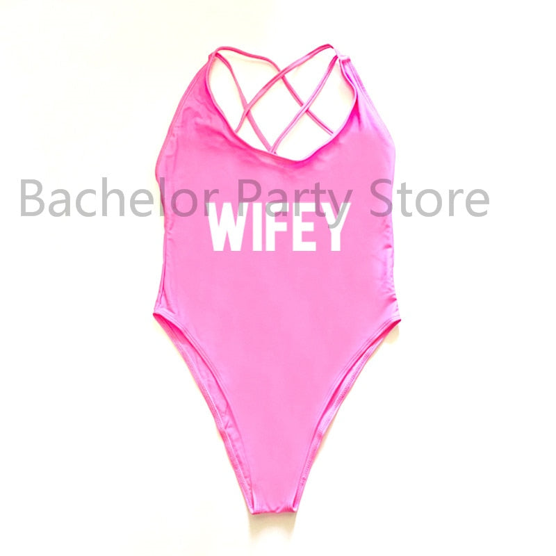 WIFEY Letter Print One Piece Swimsuit Swimwear Women Cross Back Bathing Suit Beachwear-bikini-Top Super Deals-PIWH-S-Free Item Online