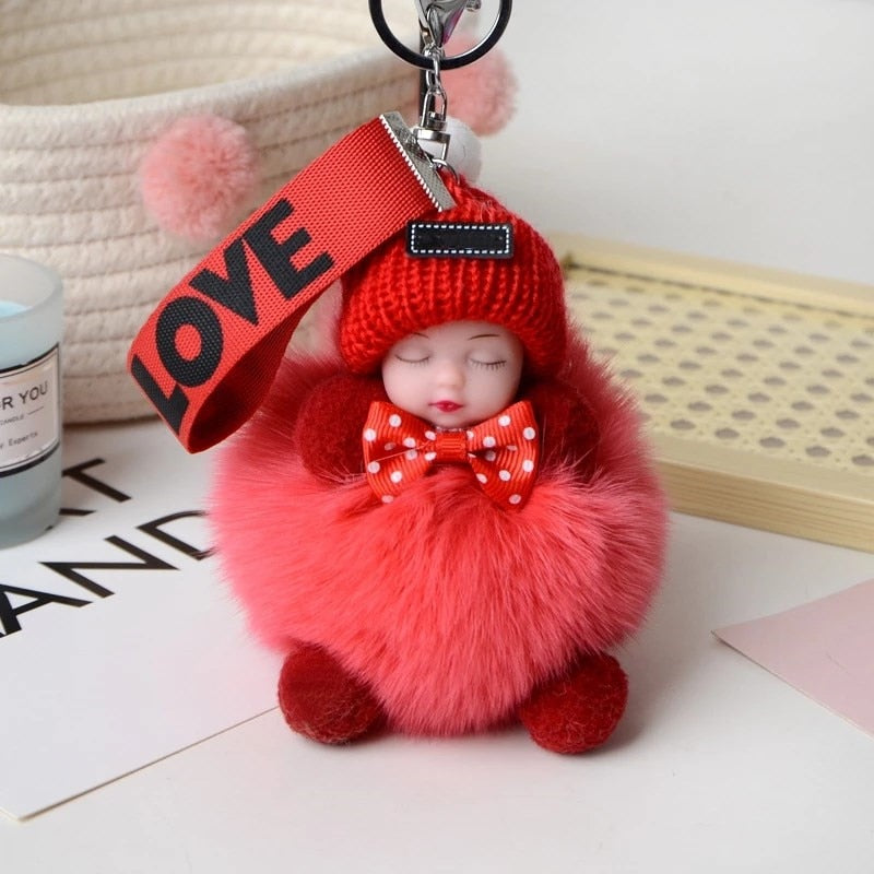 Real Fox Fur Pompom Sleeping Baby Keychain Fluffy Plush Doll
