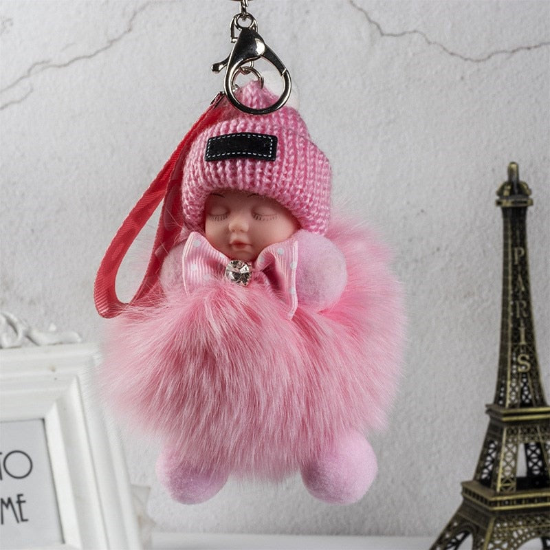 Real Fox Fur Pompom Sleeping Baby Keychain Fluffy Plush Doll