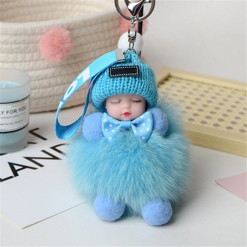 Real Fox Fur Pompom Sleeping Baby Keychain Fluffy Plush Doll