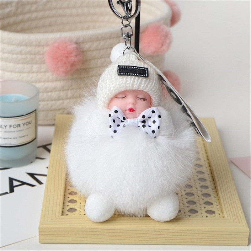 Real Fox Fur Pompom Sleeping Baby Keychain Fluffy Plush Doll