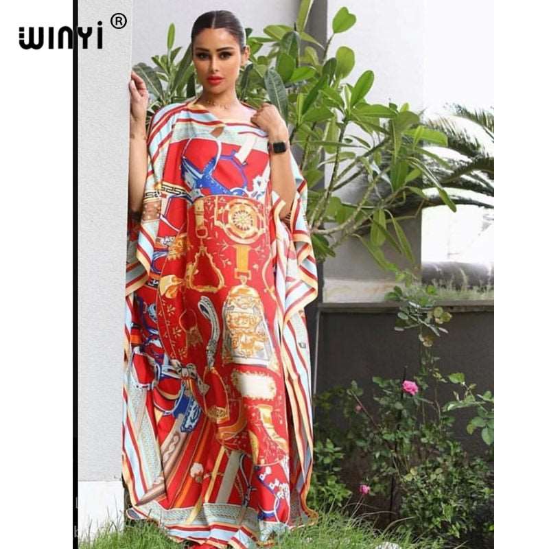 Africa Fashion Blogger Recommend Popular printed Silk Kaftan Maxi dresses Loose Summer Beach Bohemian kaftan long dress for lady