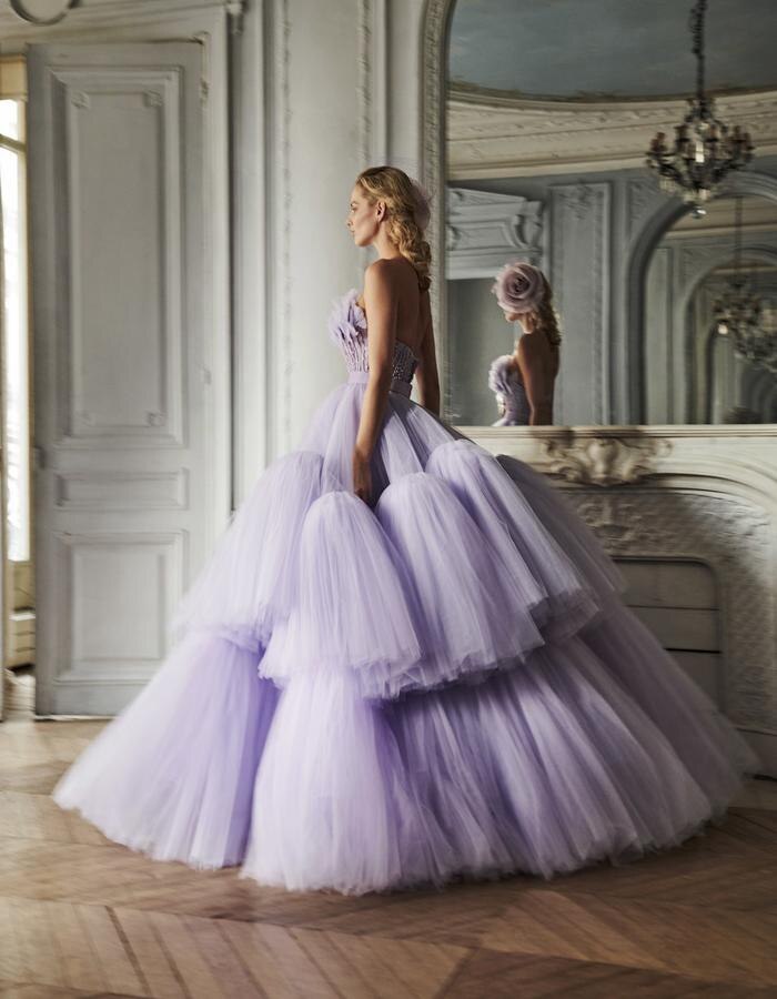 Lavender Purple Ball Gown Dress Beaded Ruffles Dress Lush Tulle Dress For Women Fluffy Prom Dresses Soft Wedding Dress For Bride