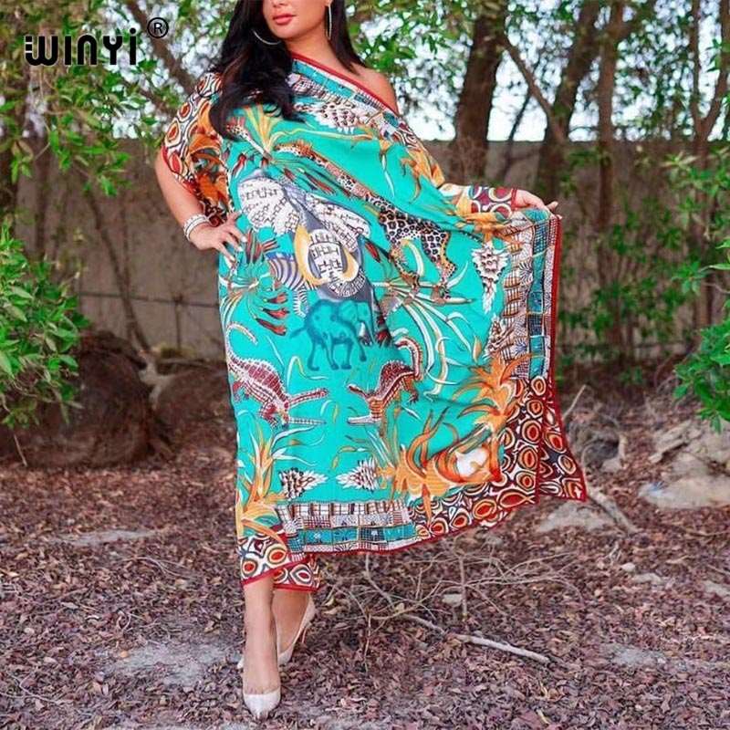 Africa Fashion Blogger Recommend Popular printed Silk Kaftan Maxi dresses Loose Summer Beach Bohemian kaftan long dress for lady