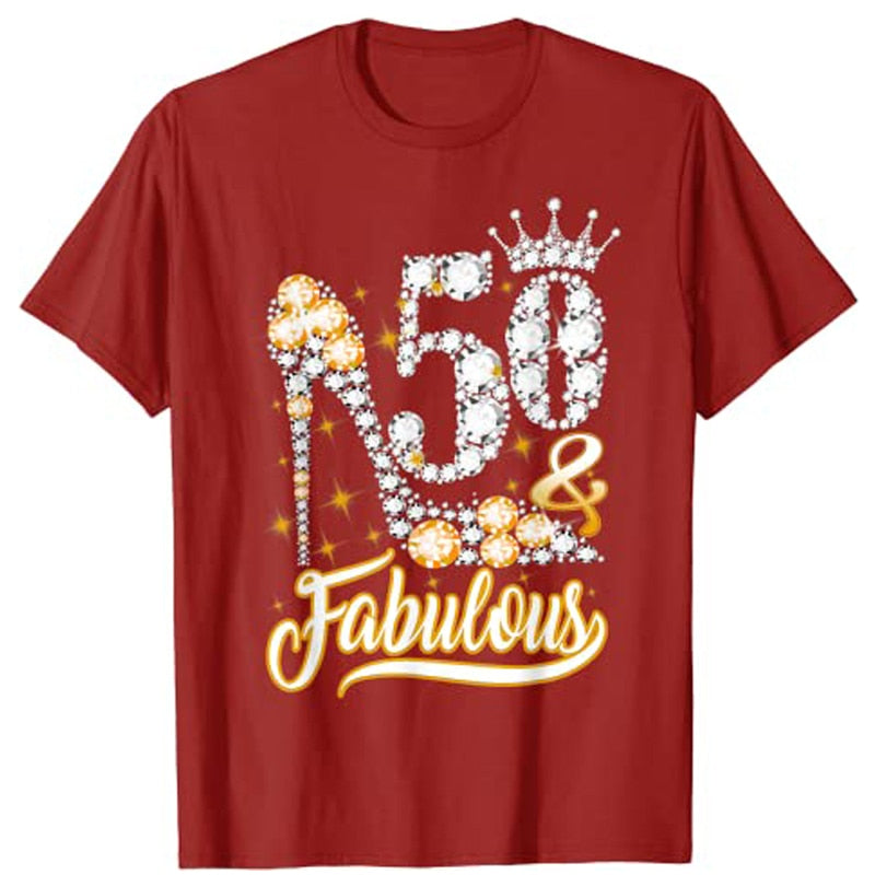 Fabulous 50th Birthday Diamond Crown Shoes T-Shirt Graphic Tee Tops Woman T Shirts