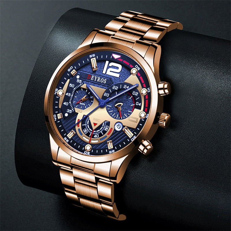 Luxury Mens Watches Fashion Stainless Steel Quartz Wrist Watch Calendar Date Luminous Clock Men Business Casual Leather Watch