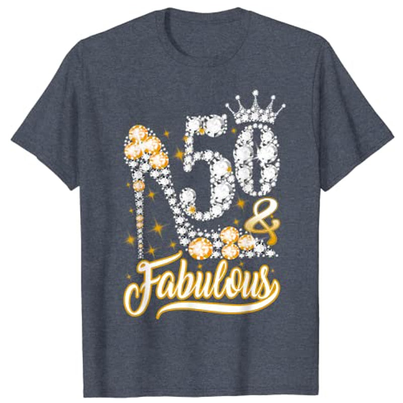 Fabulous 50th Birthday Diamond Crown Shoes T-Shirt Graphic Tee Tops Woman T Shirts