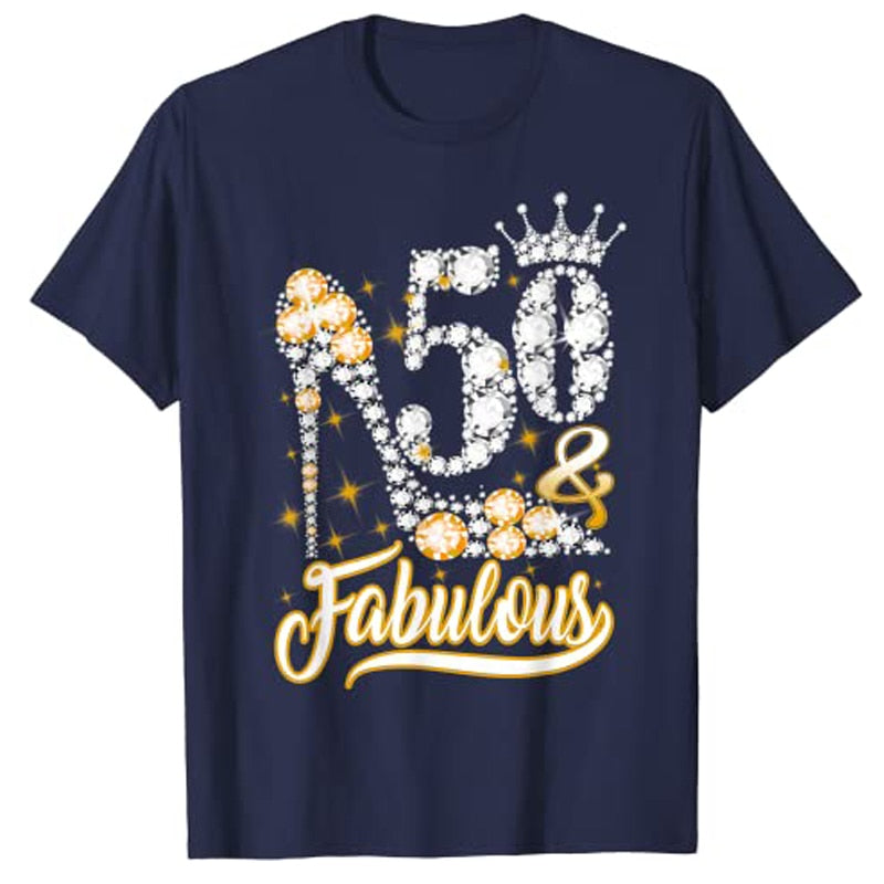 Fabulous 50th Birthday Diamond Crown Shoes T-Shirt Graphic Tee Tops Woman T Shirts