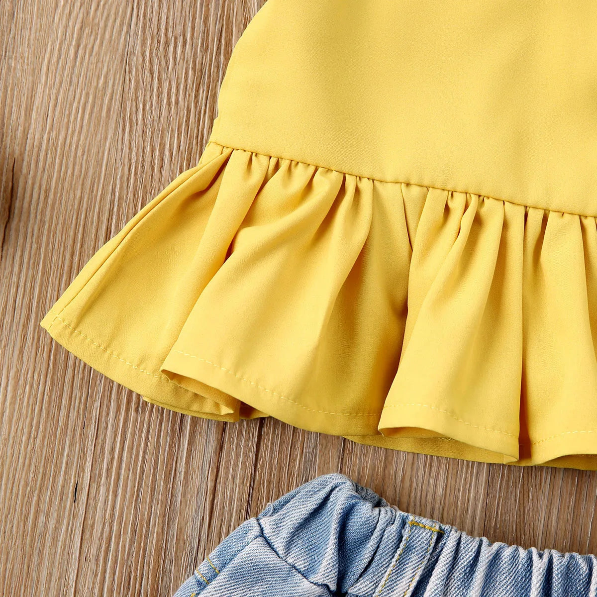 Summer 2-6Years Baby Girl Clothes Yellow Sleeveless Halter Tops Denim Shorts Headband Kids Outfit Set