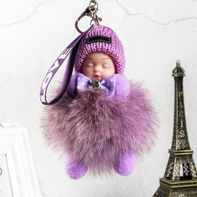 Real Fox Fur Pompom Sleeping Baby Keychain Fluffy Plush Doll