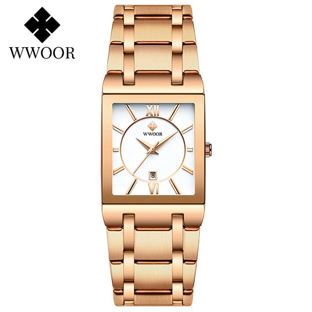 WWOOR Ladies Fashion Watches Top Brand Luxury Square Dress Black Gold Quartz Wrist Watch Stainless Steel Waterproof Women Watch
