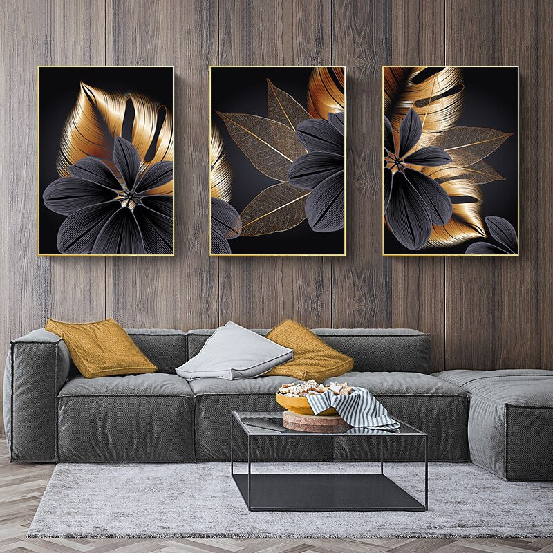 Black Golden Plant Leaf Canvas Poster Print Modern Home Decor Abstract Wall Art Painting Nordic Living Room Decoration Picture