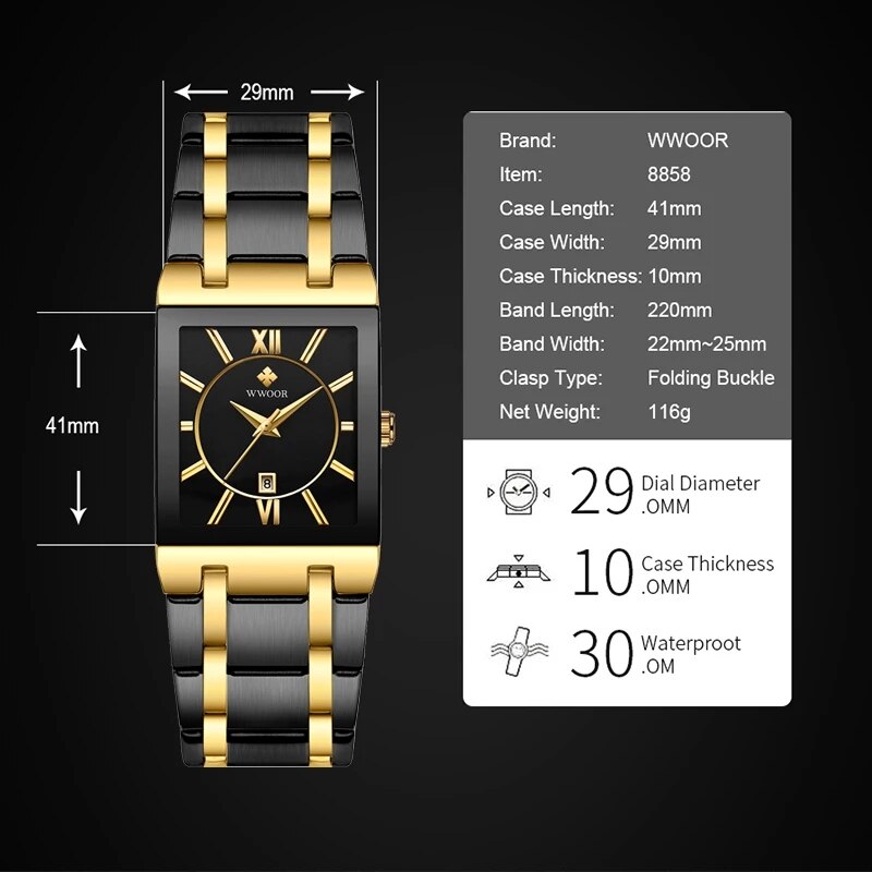 WWOOR Ladies Fashion Watches Top Brand Luxury Square Dress Black Gold Quartz Wrist Watch Stainless Steel Waterproof Women Watch