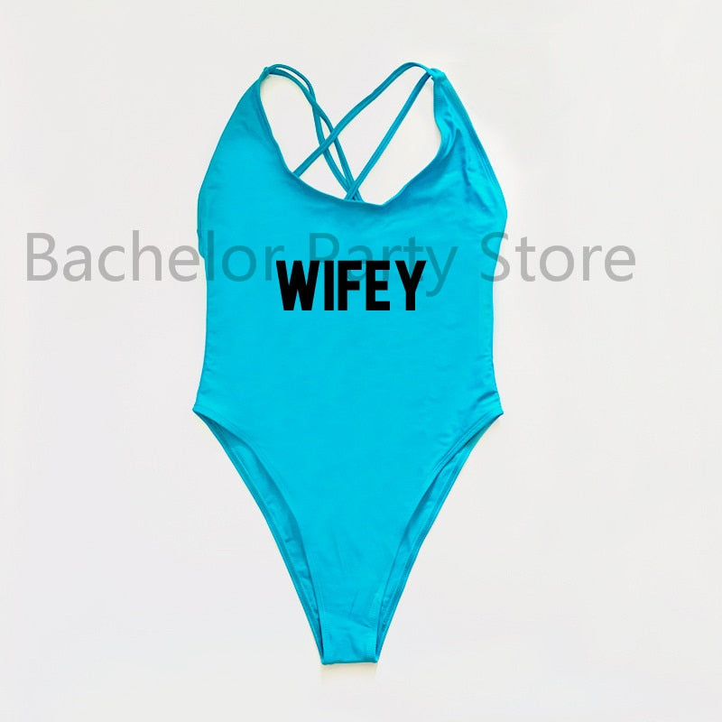 WIFEY Letter Print One Piece Swimsuit Swimwear Women Cross Back Bathing Suit Beachwear-bikini-Top Super Deals-BUBK-S-Free Item Online