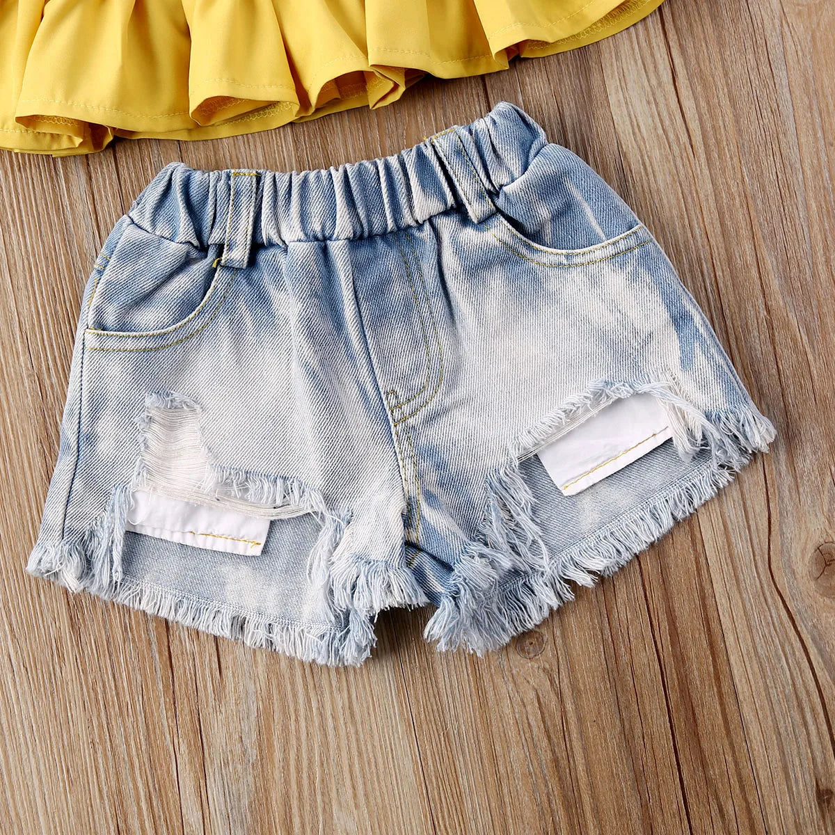 Summer 2-6Years Baby Girl Clothes Yellow Sleeveless Halter Tops Denim Shorts Headband Kids Outfit Set
