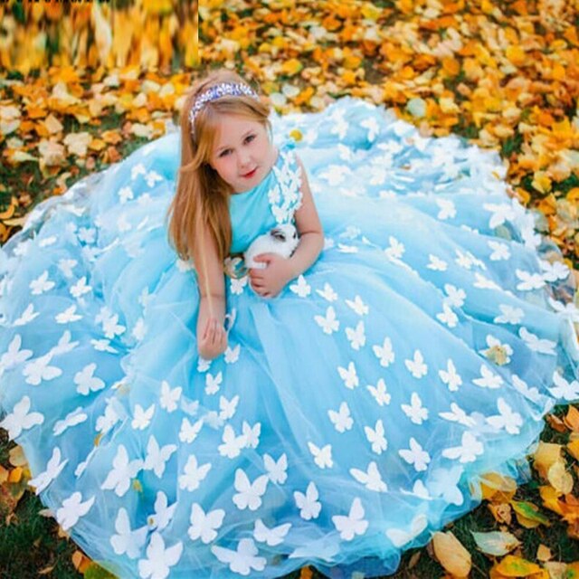 Lilac Tulle Butterfly Ball Gown Beads Princess Flower Girl Dresses Birthday Pageant Communion Robe De Demoiselle Baby Party
