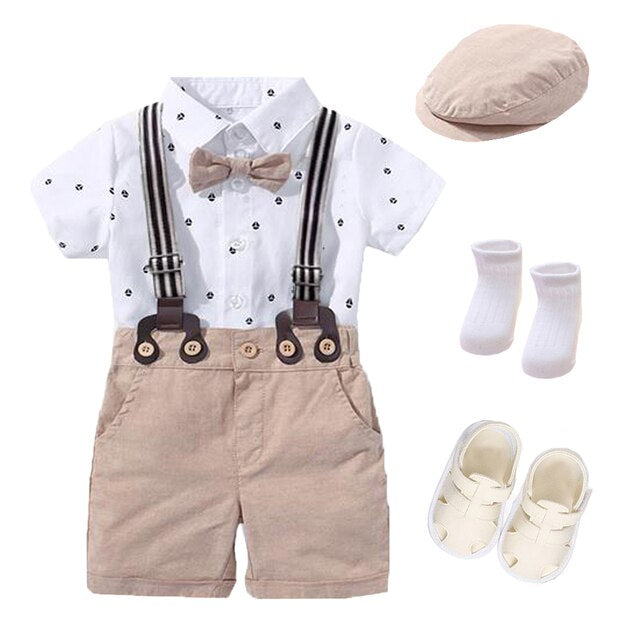 Newborn Suit Baby Boy Romper Clothing Set Handsome Bow 1th Birthday Gift Hat Printed Rompers Belt Infant Children Outfit Clothes