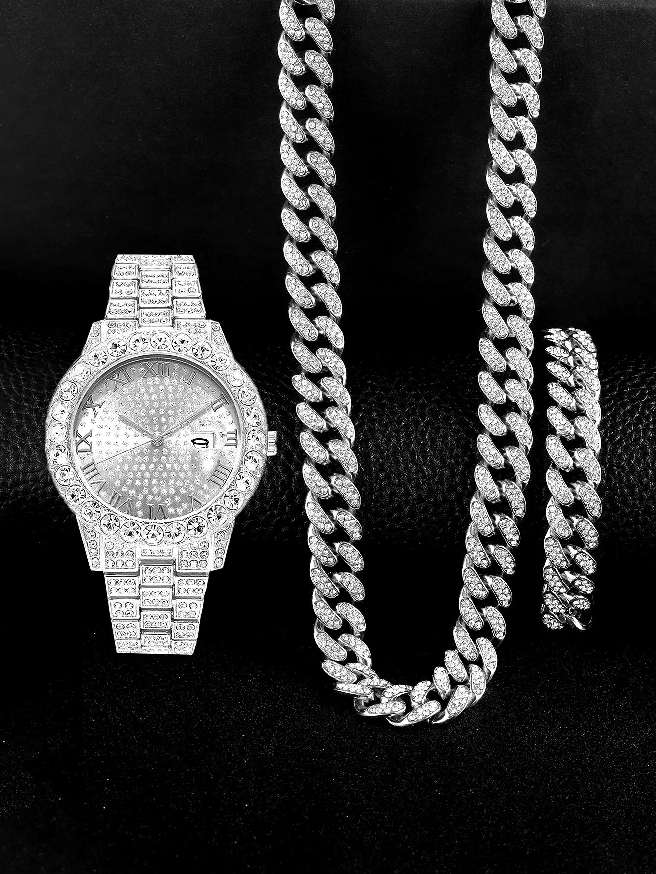 3PCS luxury alloy full diamond rhinestone mirror men's quartz watch with calendar and Hip Hop Cuban Necklace bracelet set