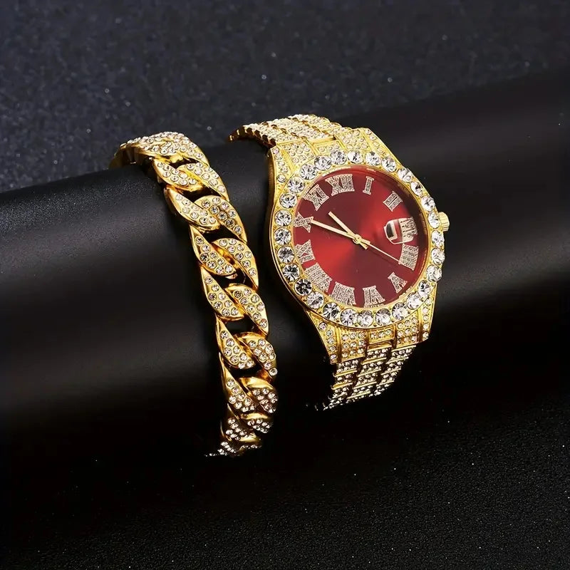 3PCS luxury alloy full diamond rhinestone mirror men's quartz watch with calendar and Hip Hop Cuban Necklace bracelet set
