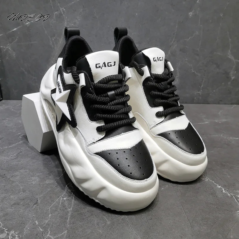 Chunky Sneaker Men Genuine Leather Cowhide Breathable Platform Board Shoes