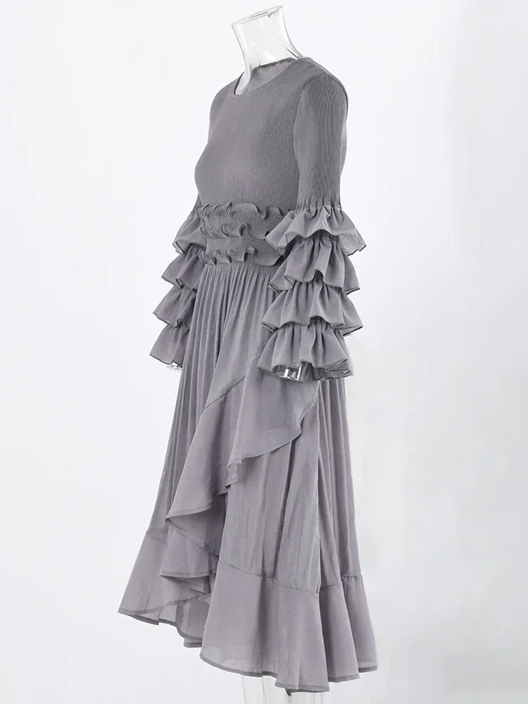 EGRM Fashion Pleated Miyake Dress O-Neck Long Sleeved Solid Color Party Dresses 2023 Autumn New Elegant Women's Clothing 8GR3519