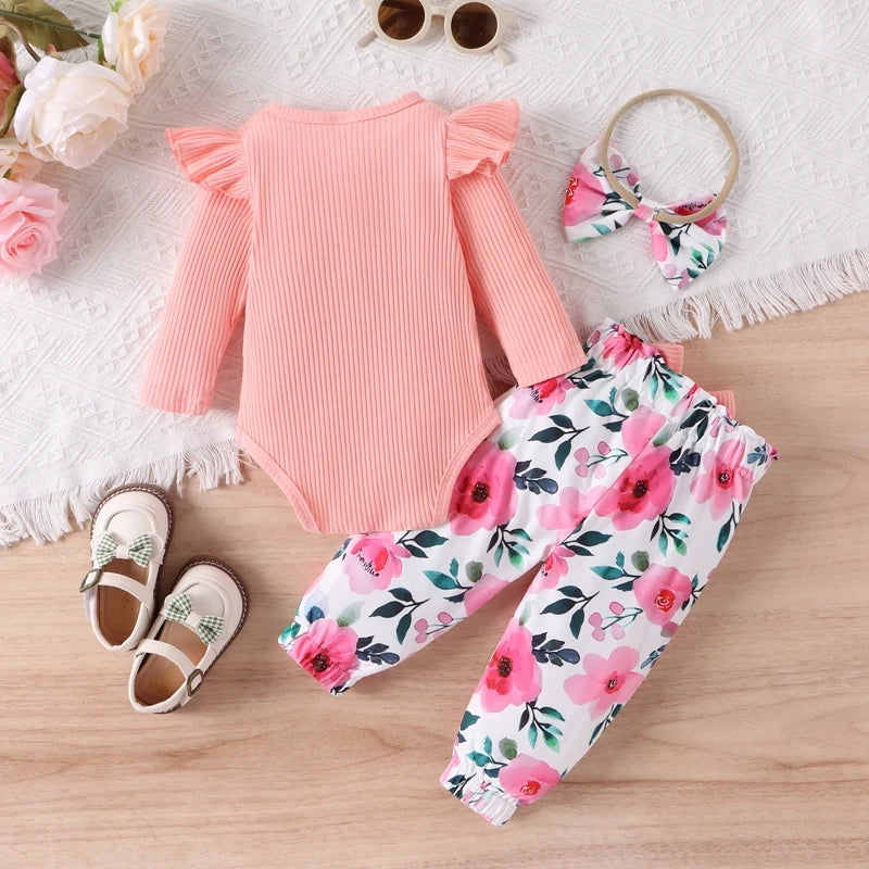 Baby Girl Fall Outfits Floral Lace Rib Knit Ruffle Long Sleeve Rompers Flower Print Pants Bow Headband 3Pcs Clothes Set