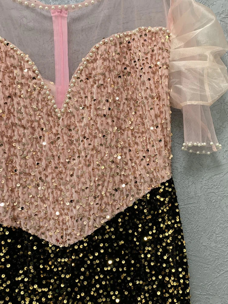 Sequins Long Party Dresses Ruffles Sleeve Beading High Slit