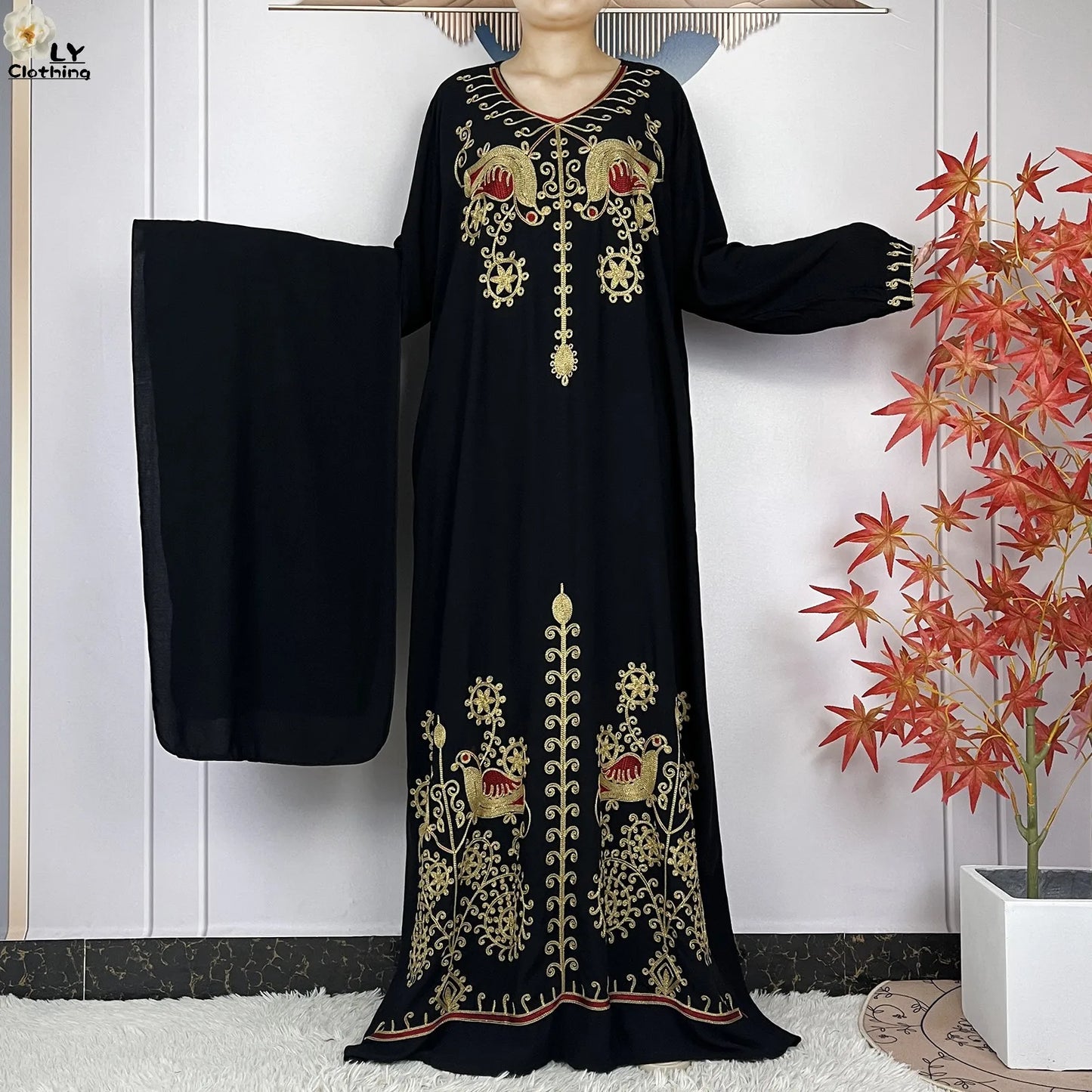 Women Abaya Clothing Floral Embroidery Cotton Long Sleeved Dresses Loose Robe With Headscarf