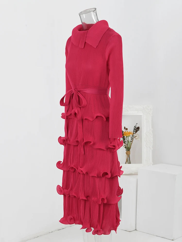 LANMREM Ruffles Pleated Dress For Women Lapel Long Sleeves Solid Color Elegant Dresses With Belt Female New Design 32A306