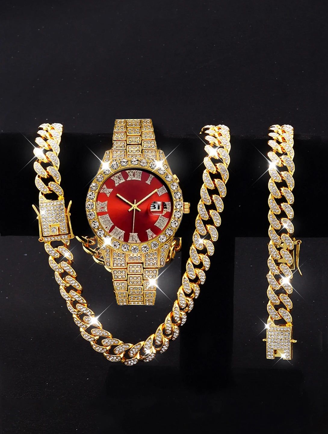 3PCS luxury alloy full diamond rhinestone mirror men's quartz watch with calendar and Hip Hop Cuban Necklace bracelet set