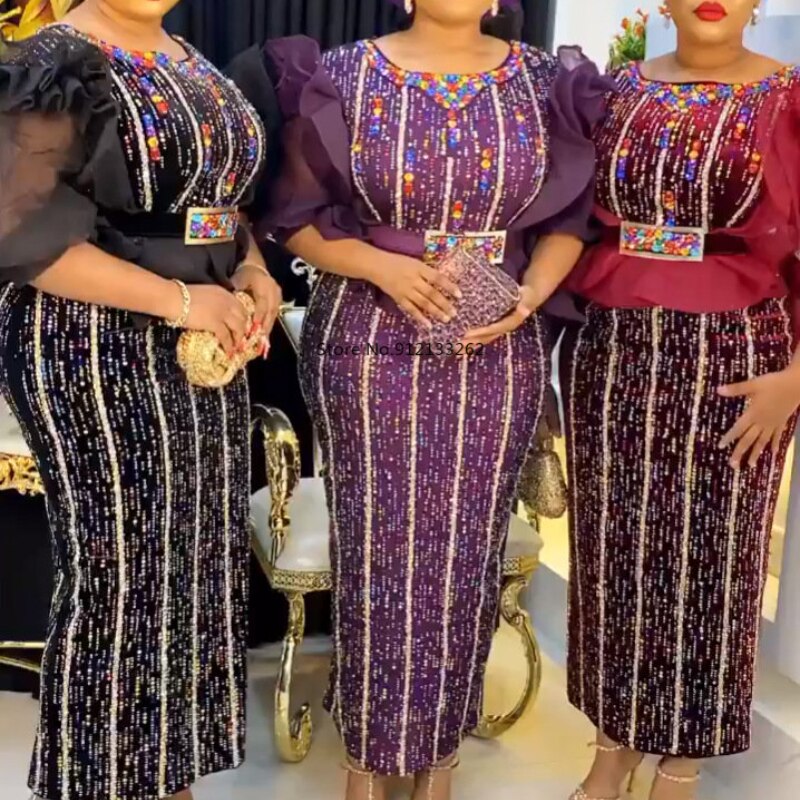 Dashiki Dresses Women Elegant Luxury Velvet Evening Gowns Plus Size Turkey Long Maxi Party Dress