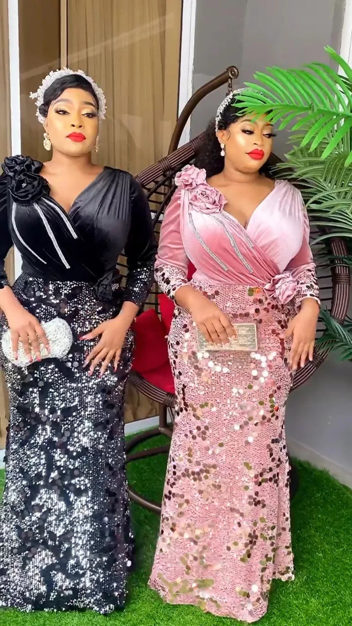 2023 Velvet African Dresses for Women Africa Women Long Sleeve V-neck Plus Size Flower Sequin Evening Party Long Dress