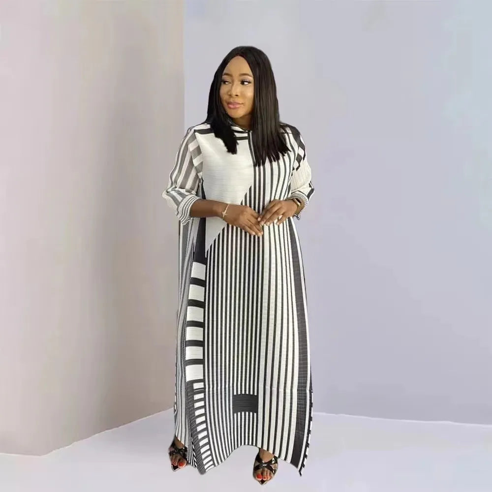 New Miyake Pleated Stripe Print Dress Fashion Relaxed Party Temperament Long Dress Spring Elegant Women's