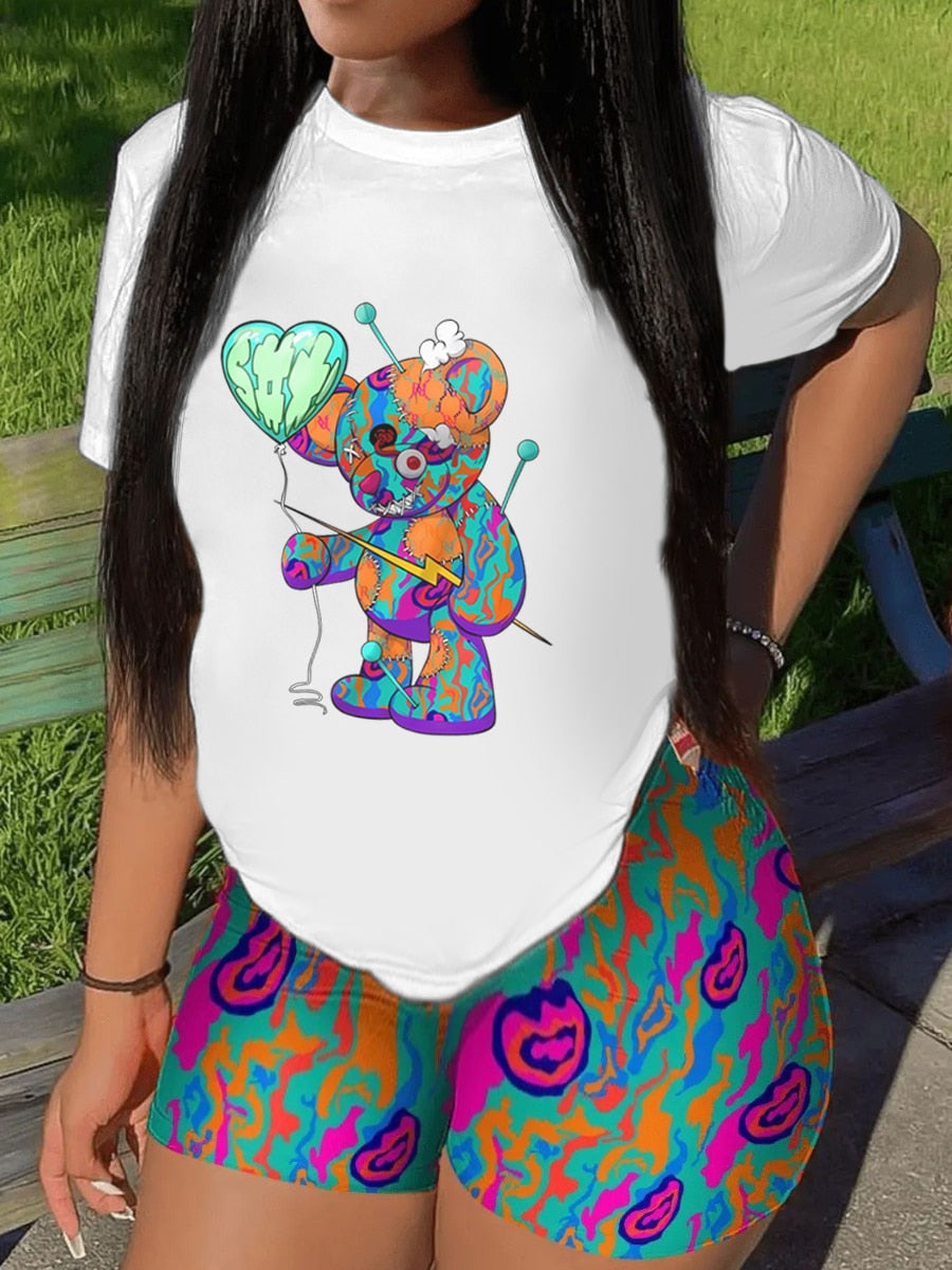 Multicolor Two Pieces Shorts Suits Cartoon Mixed Print Shorts Set Short Sleeve Pullover White Print Bottoms Outfits-Top Super Deals-White 2-XS-Free Item Online