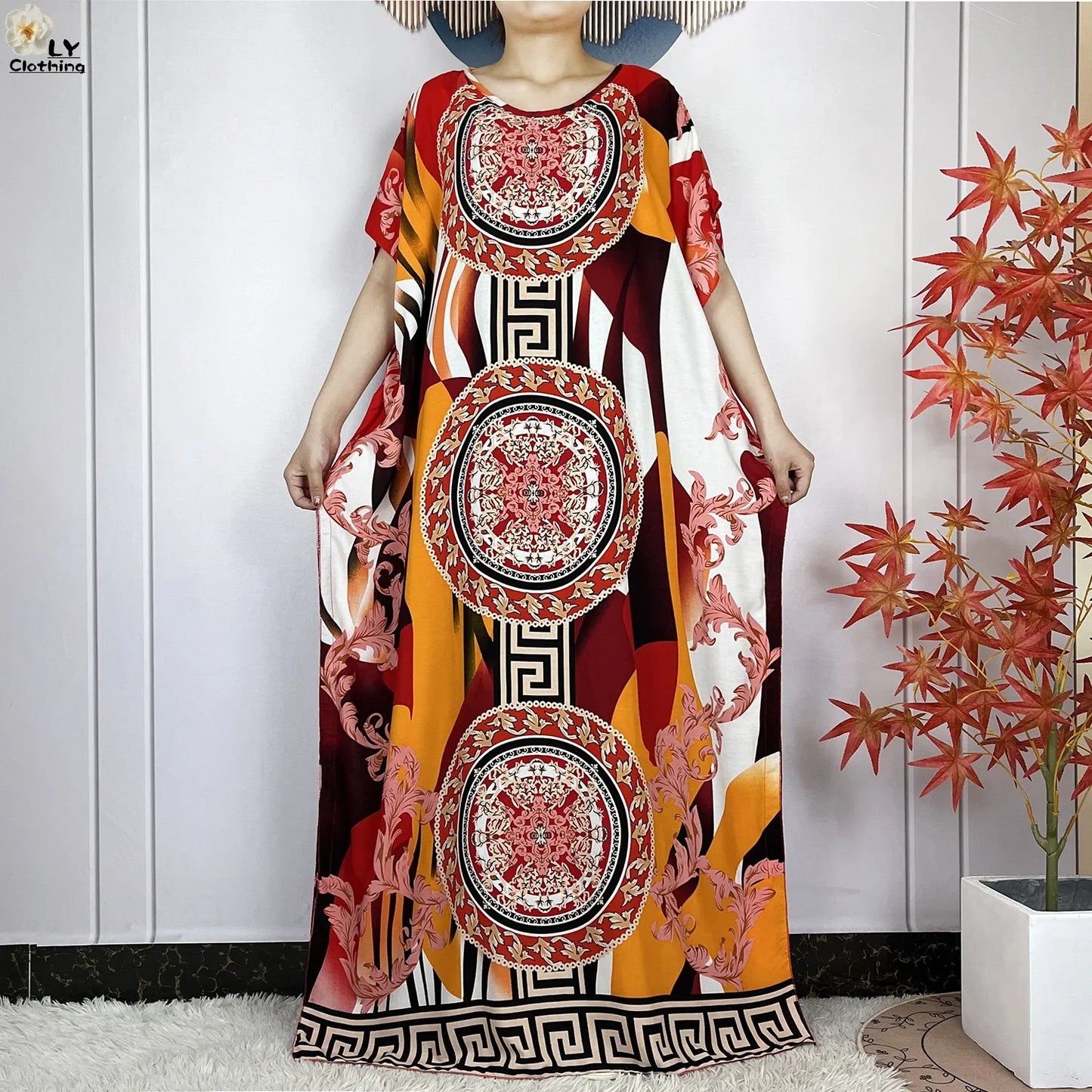 Women Short Sleeve Cotton Loose Femme Robe Dresses With Big Scarf