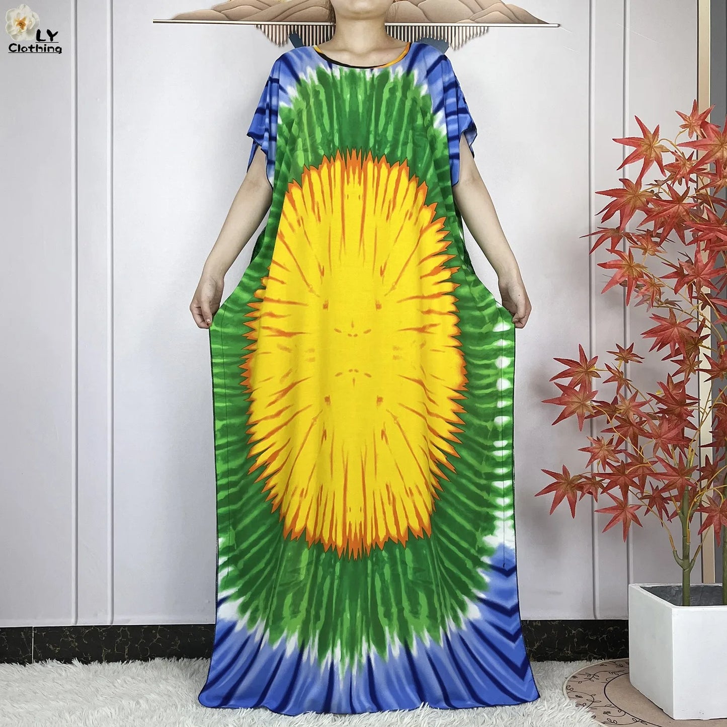 Women Short Sleeve Cotton Loose Femme Robe Dresses With Big Scarf