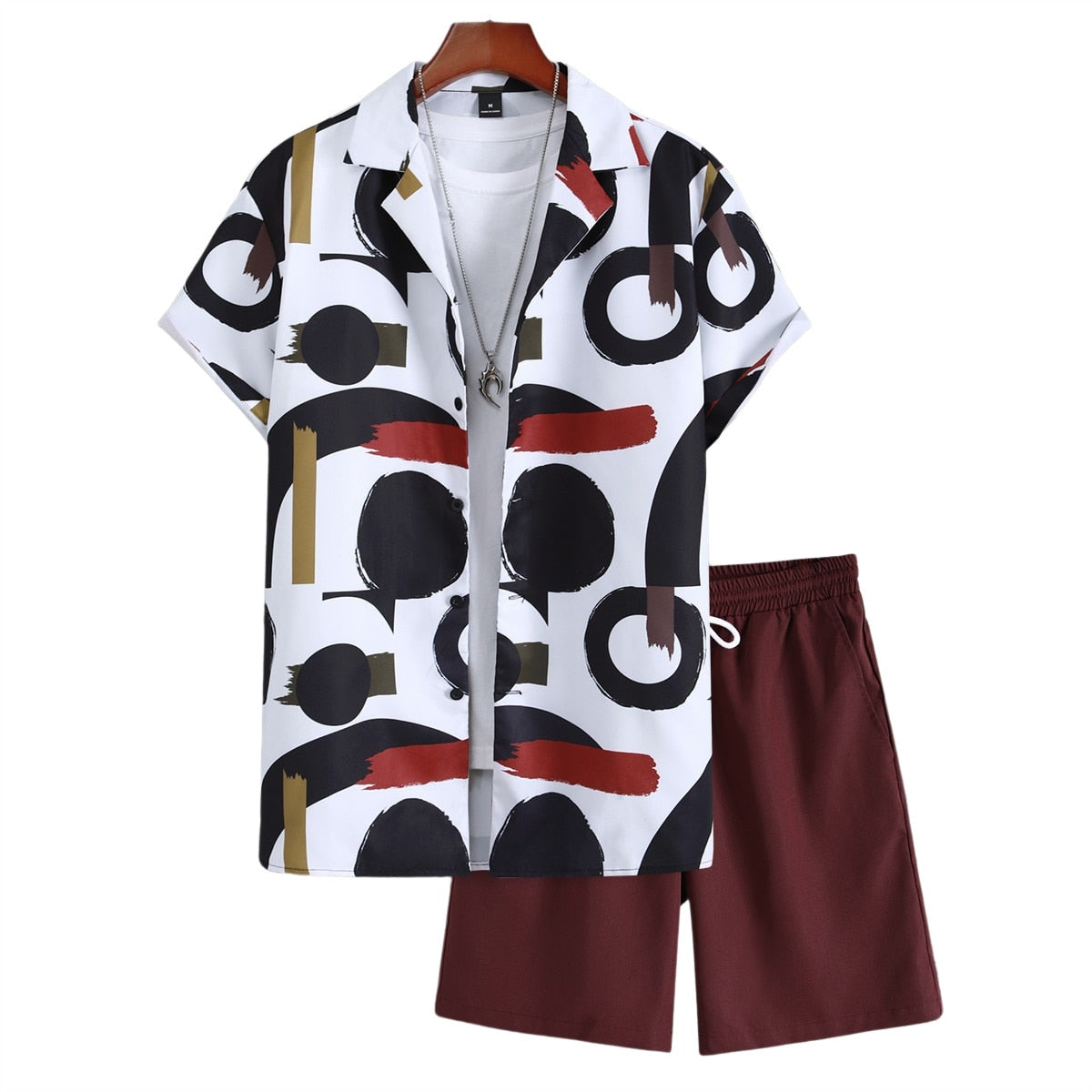 Men Random Circle and Brush Print Shirt & Drawstring Waist Shorts Without Tee