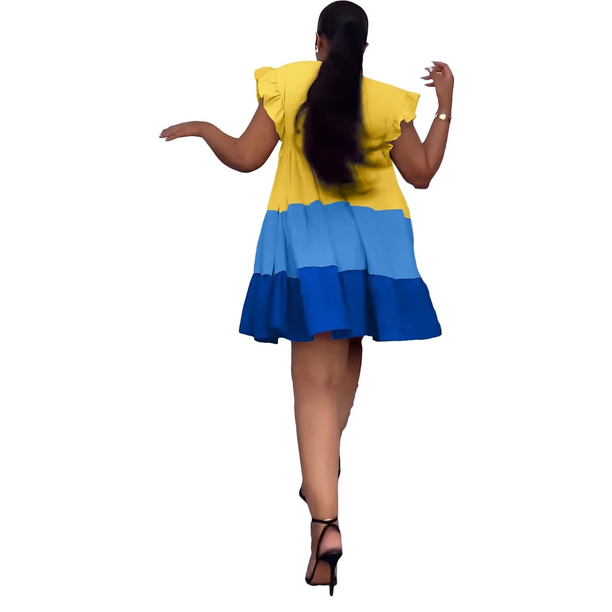 plus size Round Neck Ruffled Sleeve Contrast Panel Swing Loose Women's Dress