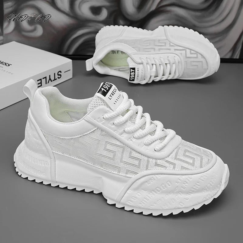 Chunky Sneakers Mens Leather Fabric Breathable Platform Shoes