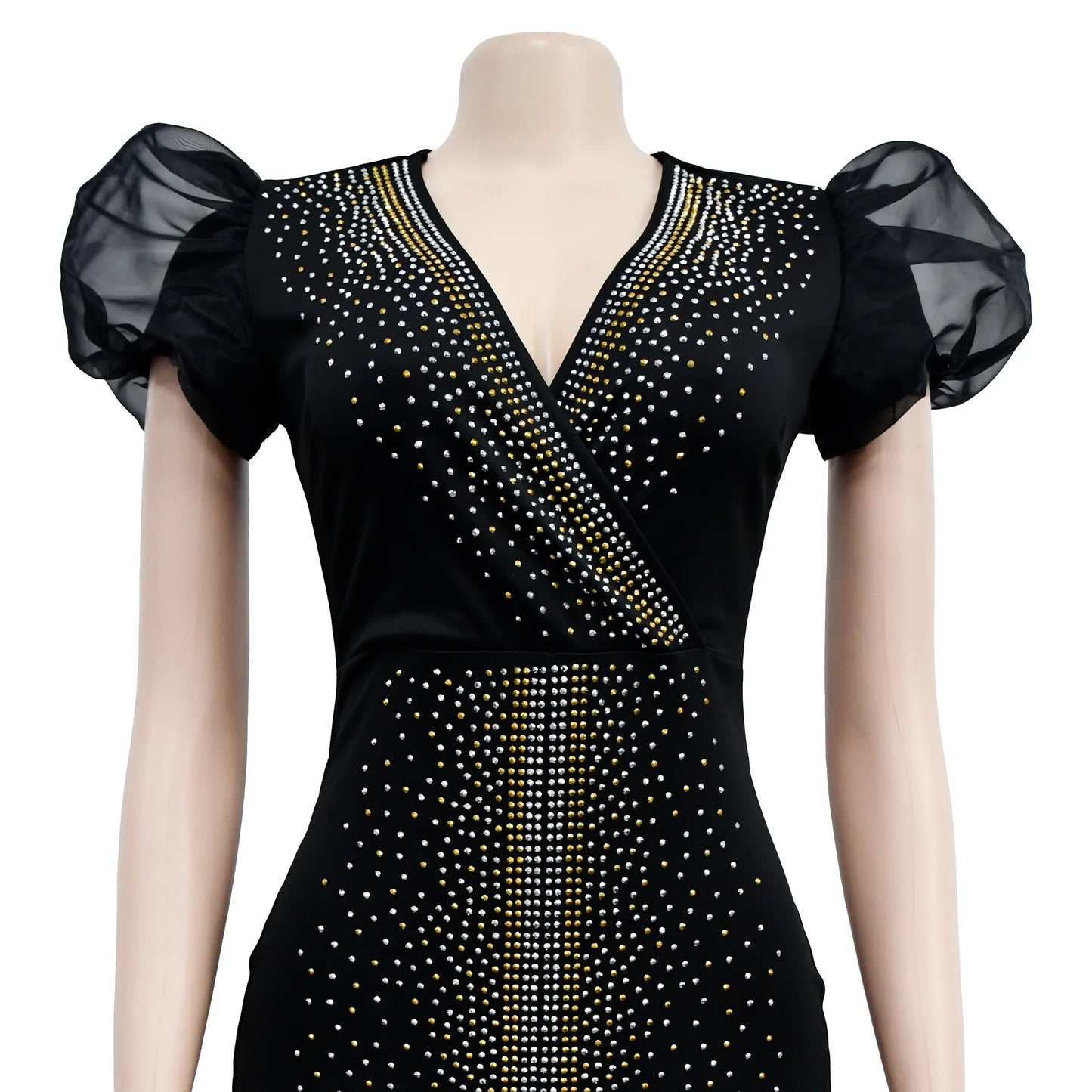 2023 Women Luxury Diamonds Hot Drill Wrap V-neck Puff Short Sleeve Bodycon Midi Maxi Dress Sexy Night Club Birthday Vestidos