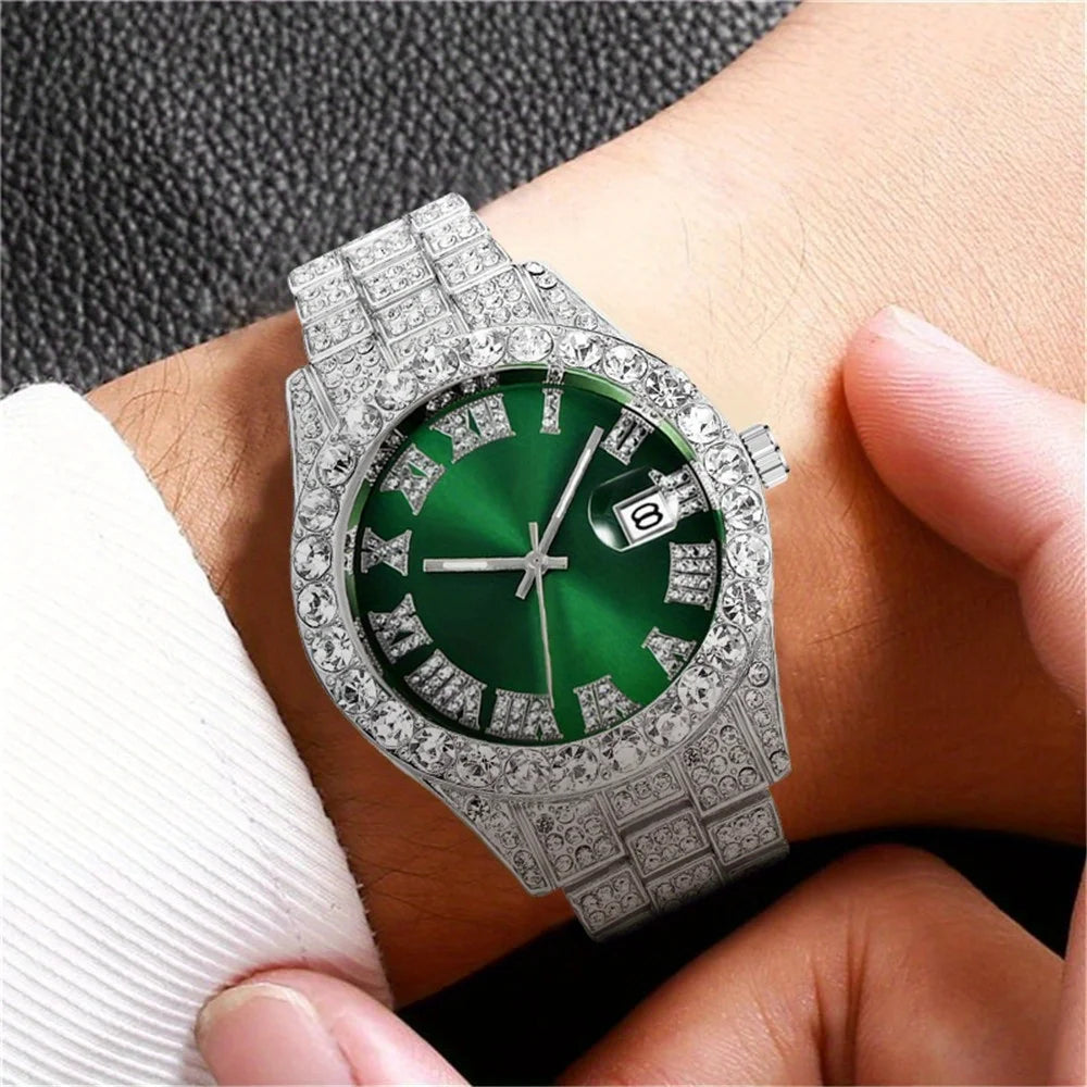 Mens Hip Hop Watch Quartz Timepiece with Oversized Rhinestone Dial and Durable Stainless Steel Band for Men