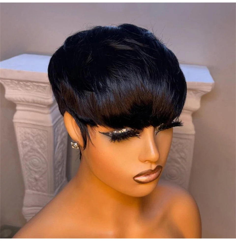 Short Straight Bob Wig Pixie Cut Hair For Black Women With Bangs Brazilian Virgin