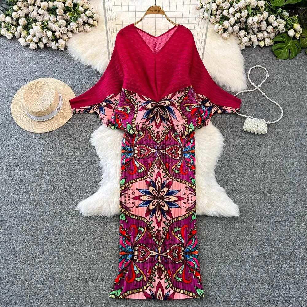 Pleated Spring Summer Women V Neck Batwing Sleeve Printed High Elastic Casual Loose Holiday Dresses