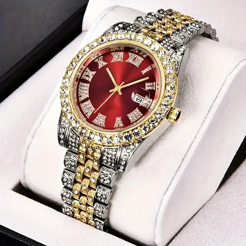 Mens Hip Hop Watch Quartz Timepiece with Oversized Rhinestone Dial and Durable Stainless Steel Band for Men
