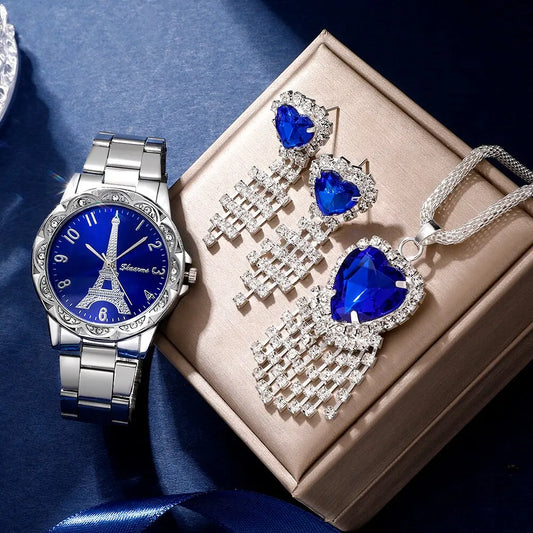 Women's Fashion Quartz Watch Eiffel Tower Stainless Steel Analog WristWatch Jewelry Set