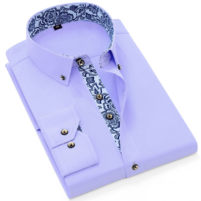 Blue Shirt Men Long Sleeve Slim Fit Dress Shirts Solid Color